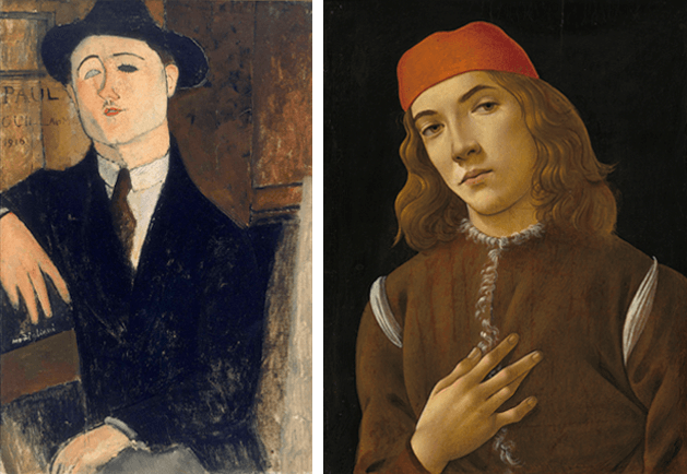 [left] Amedeo Modigliani, Portrait of Paul Guillaume, 1916. Museo del Novecento, Milan, Image: © Alinari Archives / Mauro Magliani / Art Resource, NY [right] Sandro Botticelli, Portrait of a Young Man, ca. 1483. National Gallery of Art, Washington, D.C., Image: Art Resource, NY